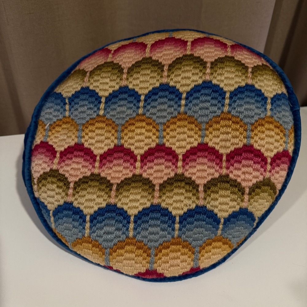 Vintage Needlepoint Round Pillow Blue Velvet Accent Decorative Cushion